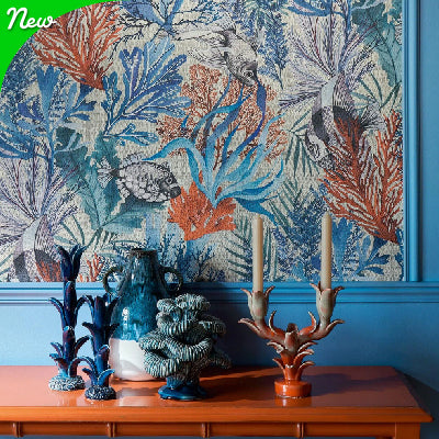 Pierre Frey Blue multi Color Ocean Scene with fish Wallpaper collection