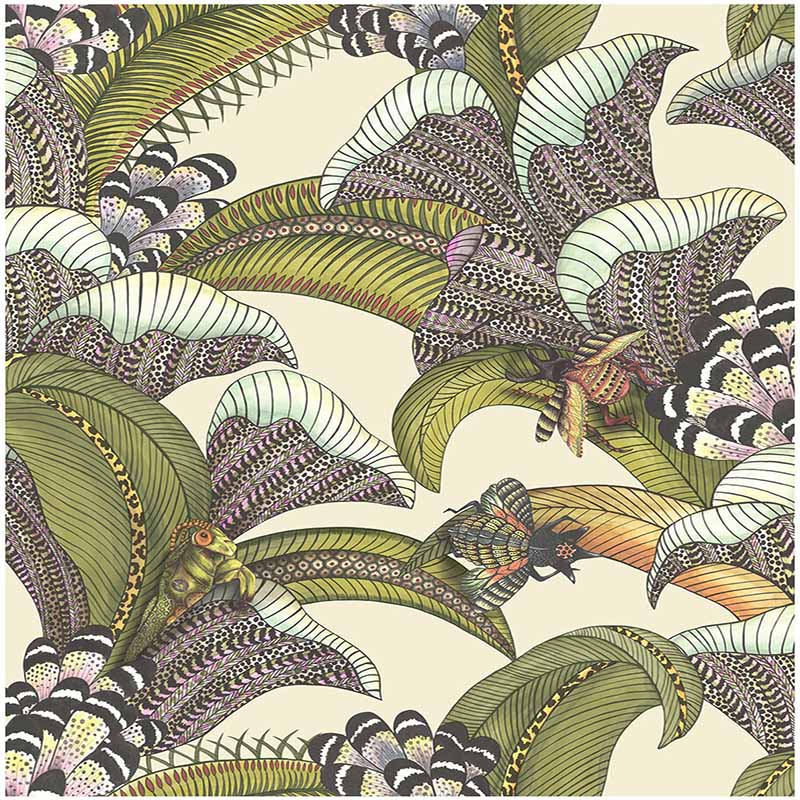 Cole & Son Hoopoe Leaves Olive/Chart/Fuchsia On Cream Wallpaper Sample 119/1001.CS.0