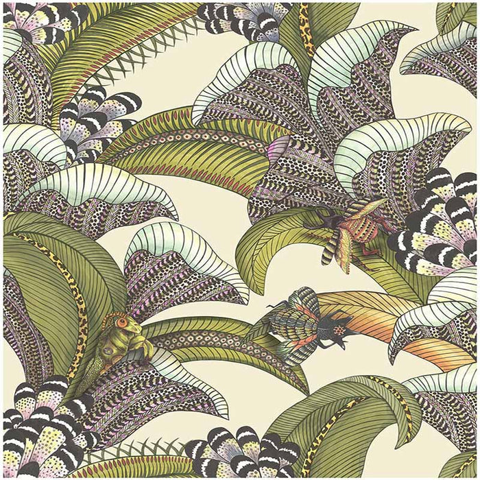 Cole & Son Hoopoe Leaves Olive/Chart/Fuchsia On Cream Wallpaper Sample 119/1001.CS.0