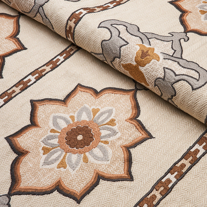 Schumacher Temara Hand Embroidered Print Natural Fabric Sample 175182