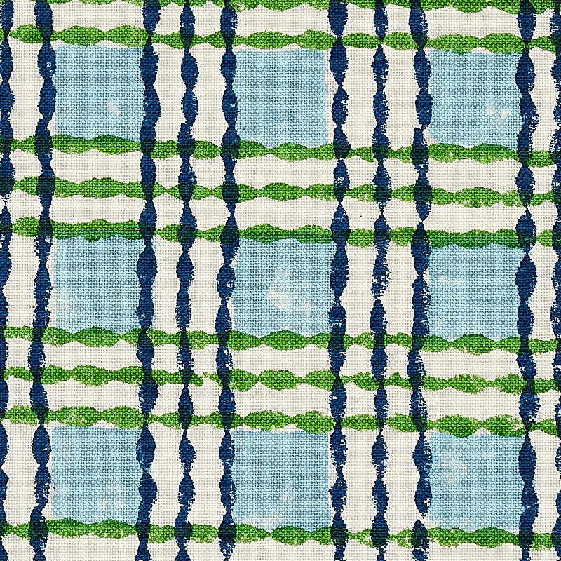 Schumacher Trellis Hand Block Print Sky & Grass Fabric 179800