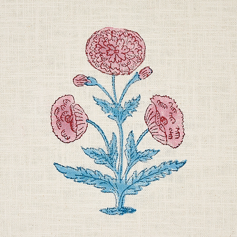 Schumacher Poppy Hand Block Print Rose & Sky Fabric 179840