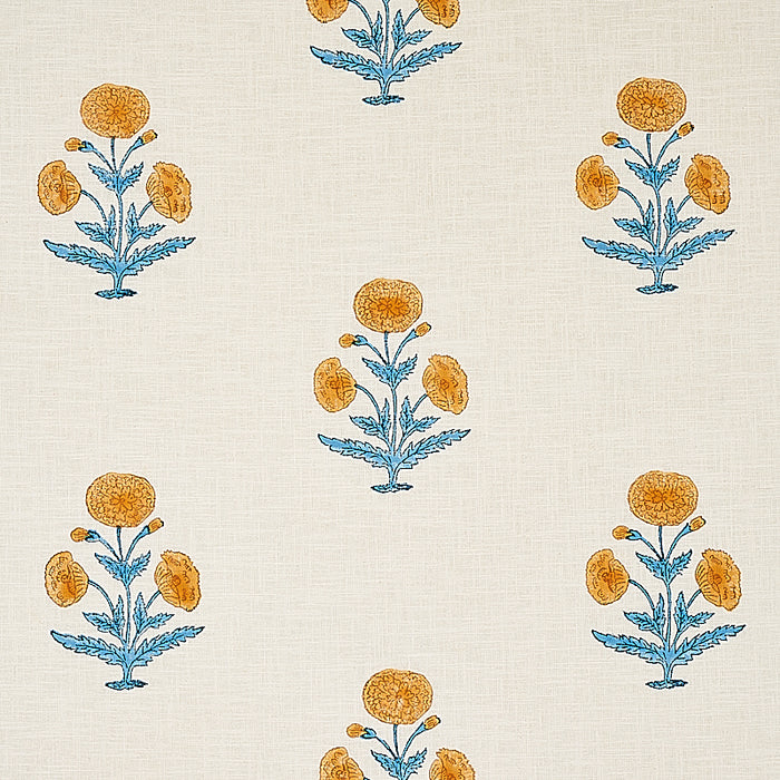 Schumacher Poppy Hand Block Print Mustard & Sky Fabric Sample 179841