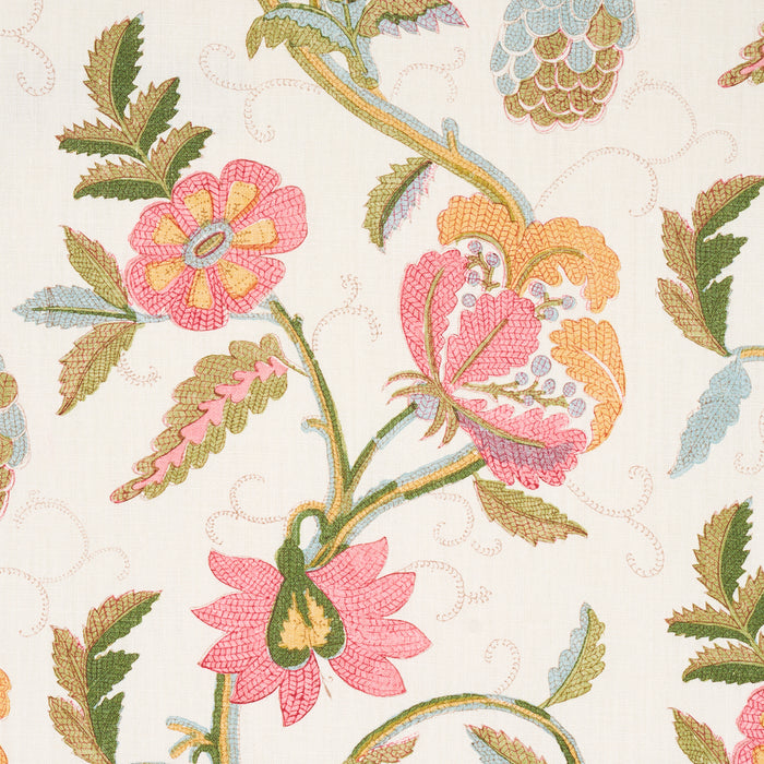 Schumacher Indali Bordered Linen Pink And Leaf Fabric 180111