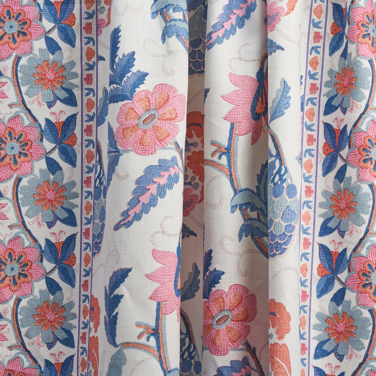 Schumacher Indali Bordered Linen Rose And Indigo Fabric 180112