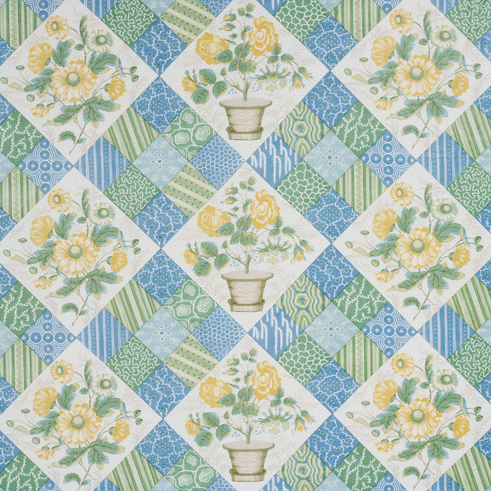 Schumacher Caldwell Patchwork Chintz Yellow And Cornflower Fabric 180120