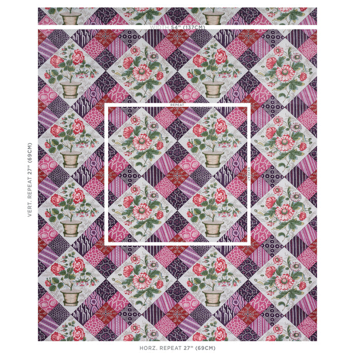 Schumacher Caldwell Patchwork Chintz Fuchsia And Plum Fabric Sample 180121