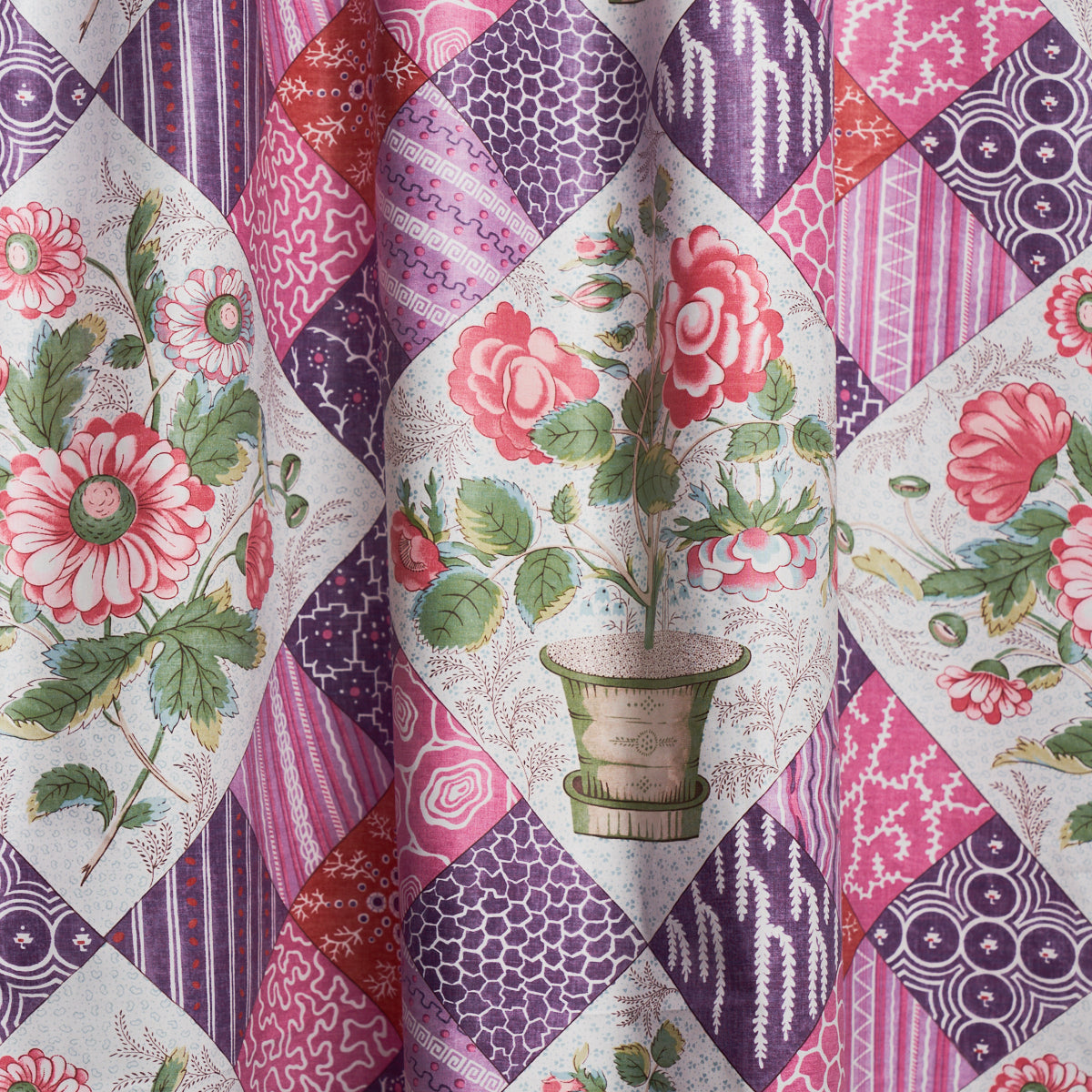 Schumacher Caldwell Patchwork Chintz Fuchsia And Plum Fabric Sample 180121