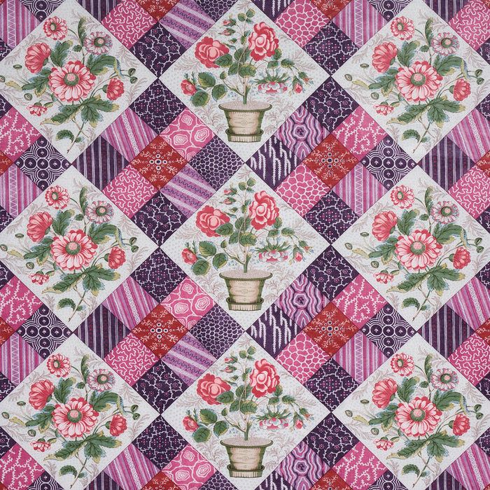 Schumacher Caldwell Patchwork Chintz Fuchsia And Plum Fabric Sample 180121