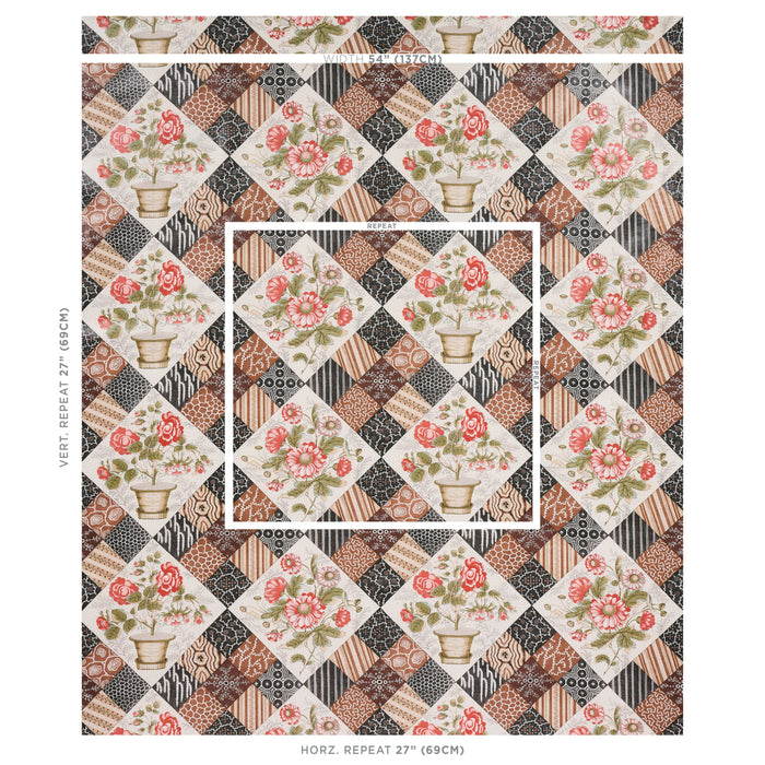 Schumacher Caldwell Patchwork Chintz Rose And Chocolate Fabric Sample 180122