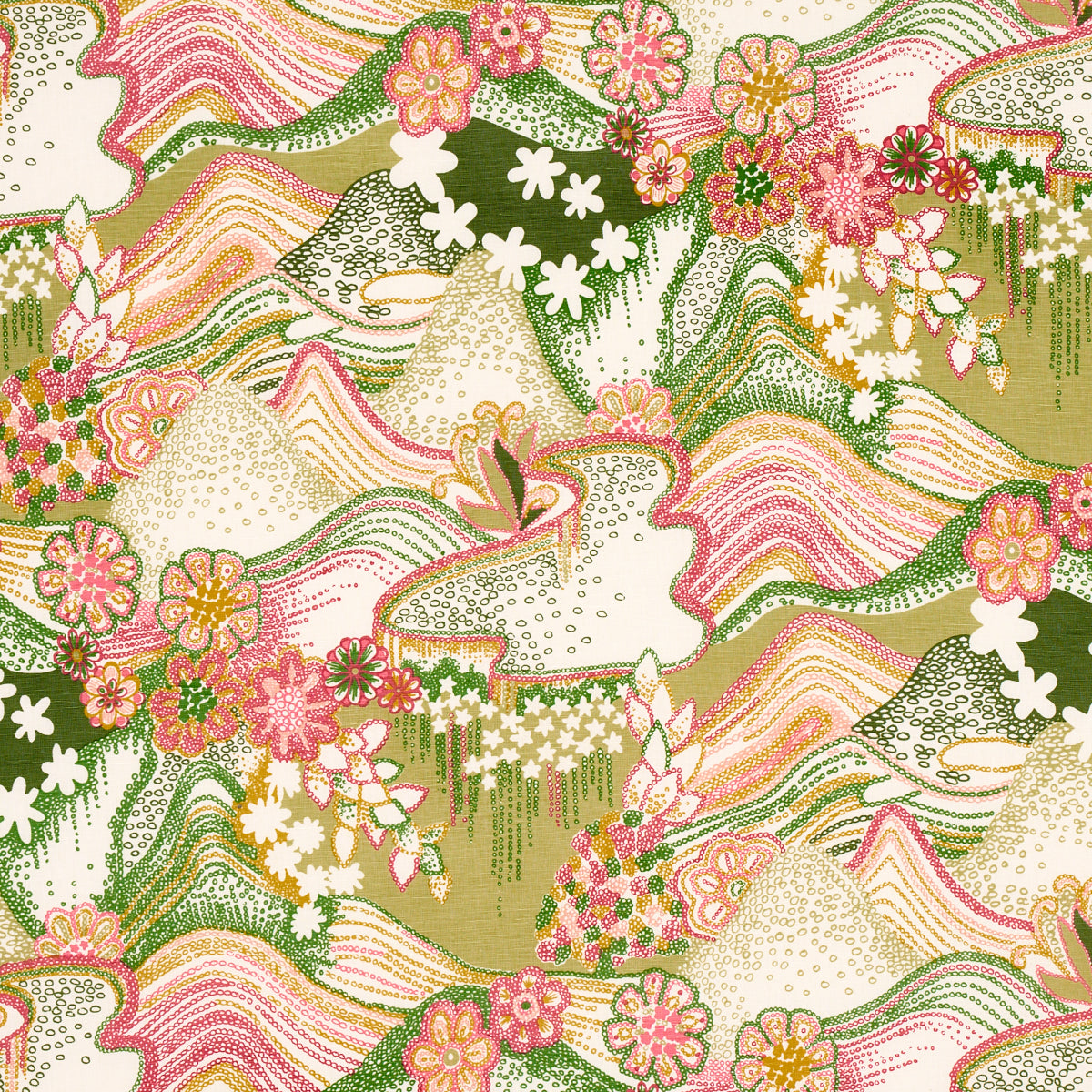 Schumacher Daisy Chain Green And Pink Fabric Sample 180131