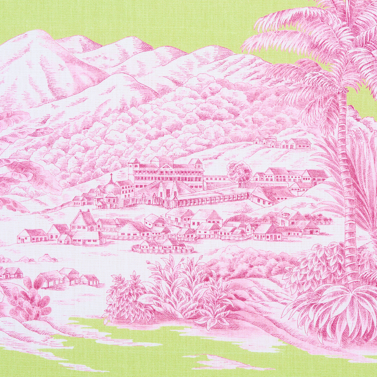 Schumacher Toussaint Toile Pink & Green Fabric 180271