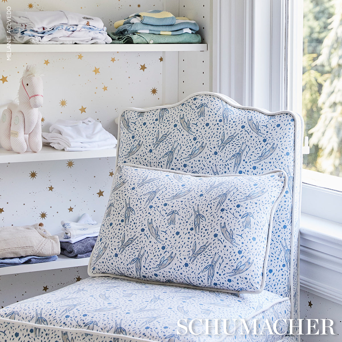 Schumacher Rabbit High Performance Print Blue Fabric 180440