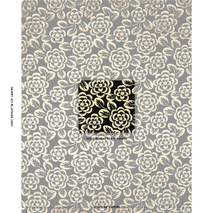 Schumacher Angelica Floral Gold & Noir Fabric Sample 180871