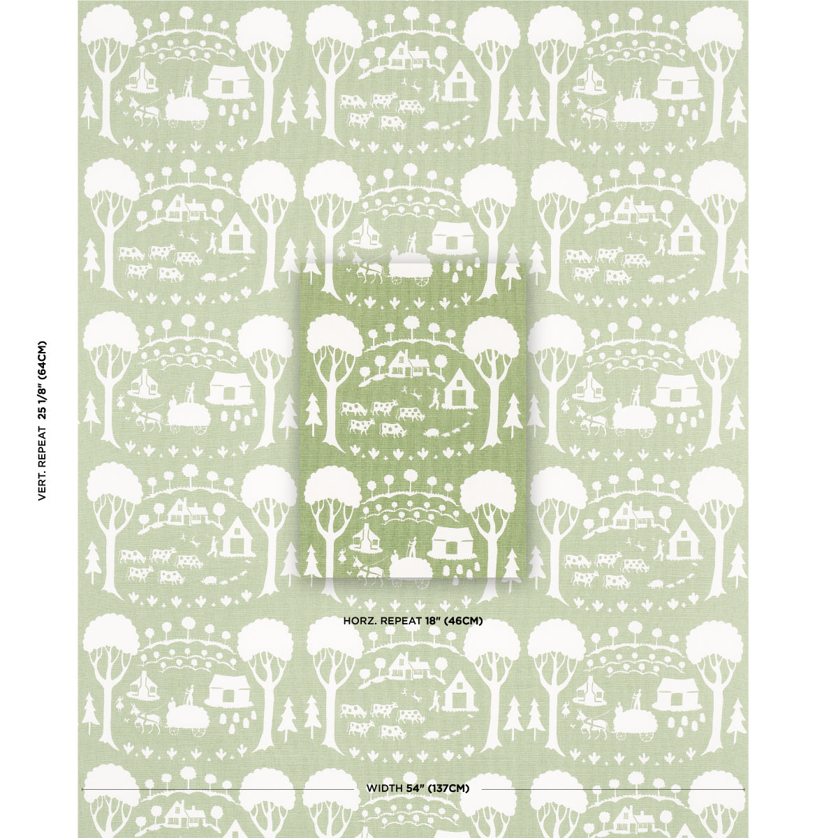 Schumacher Farm Scene Green Fabric Sample 180880