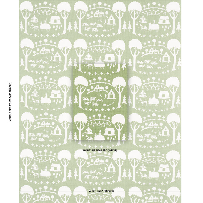 Schumacher Farm Scene Green Fabric Sample 180880