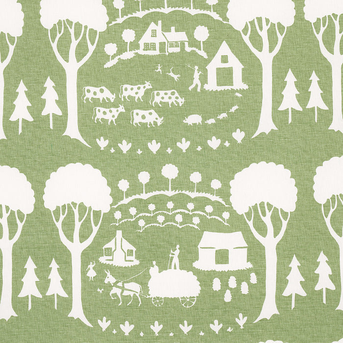 Schumacher Farm Scene Green Fabric Sample 180880