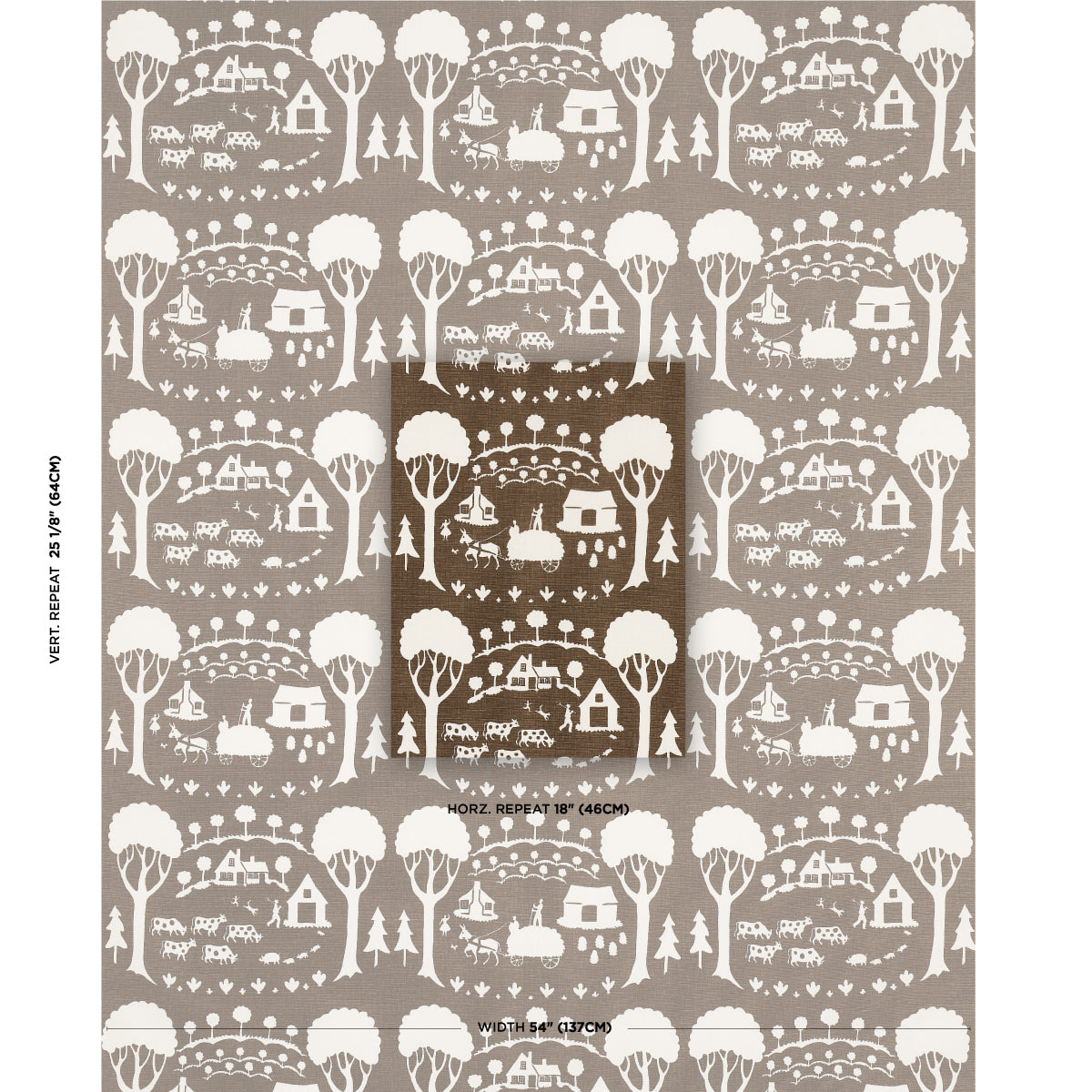 Schumacher Farm Scene Brown Fabric Sample 180881