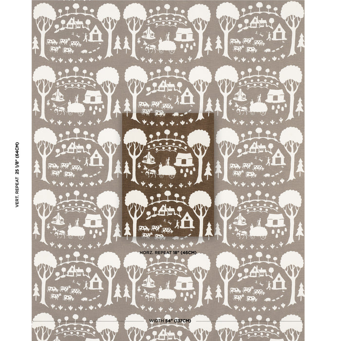 Schumacher Farm Scene Brown Fabric Sample 180881