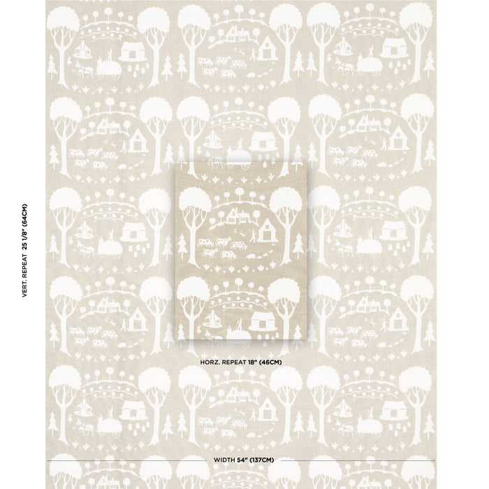 Schumacher Farm Scene Neutral Fabric Sample 180882