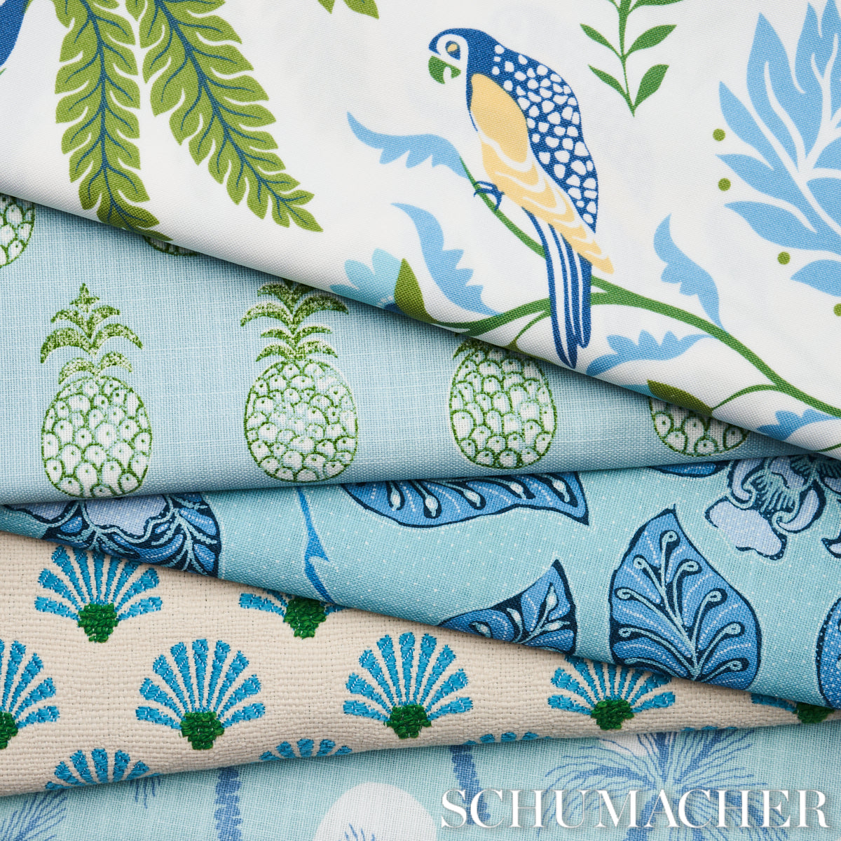 Schumacher Island Palm Indoor/Outdoor Blue & Green Fabric Sample 180980