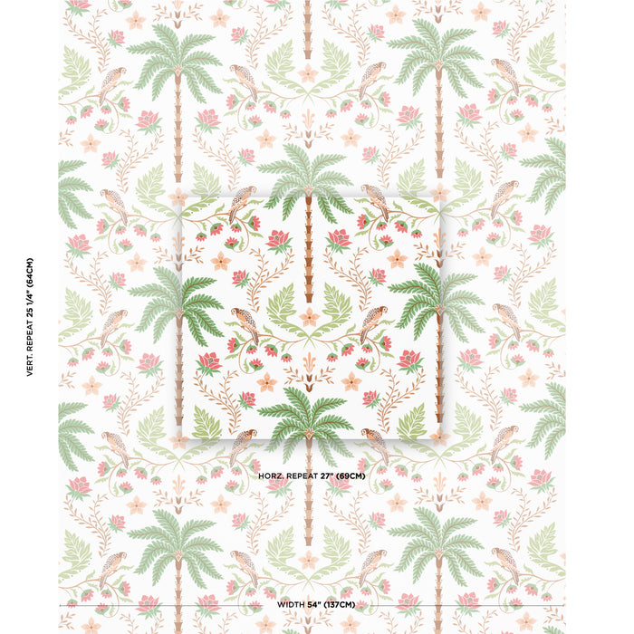 Schumacher Island Palm Indoor/Outdoor Coral & Green Fabric Sample 180981