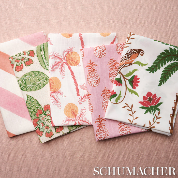 Schumacher Island Palm Indoor/Outdoor Coral & Green Fabric Sample 180981