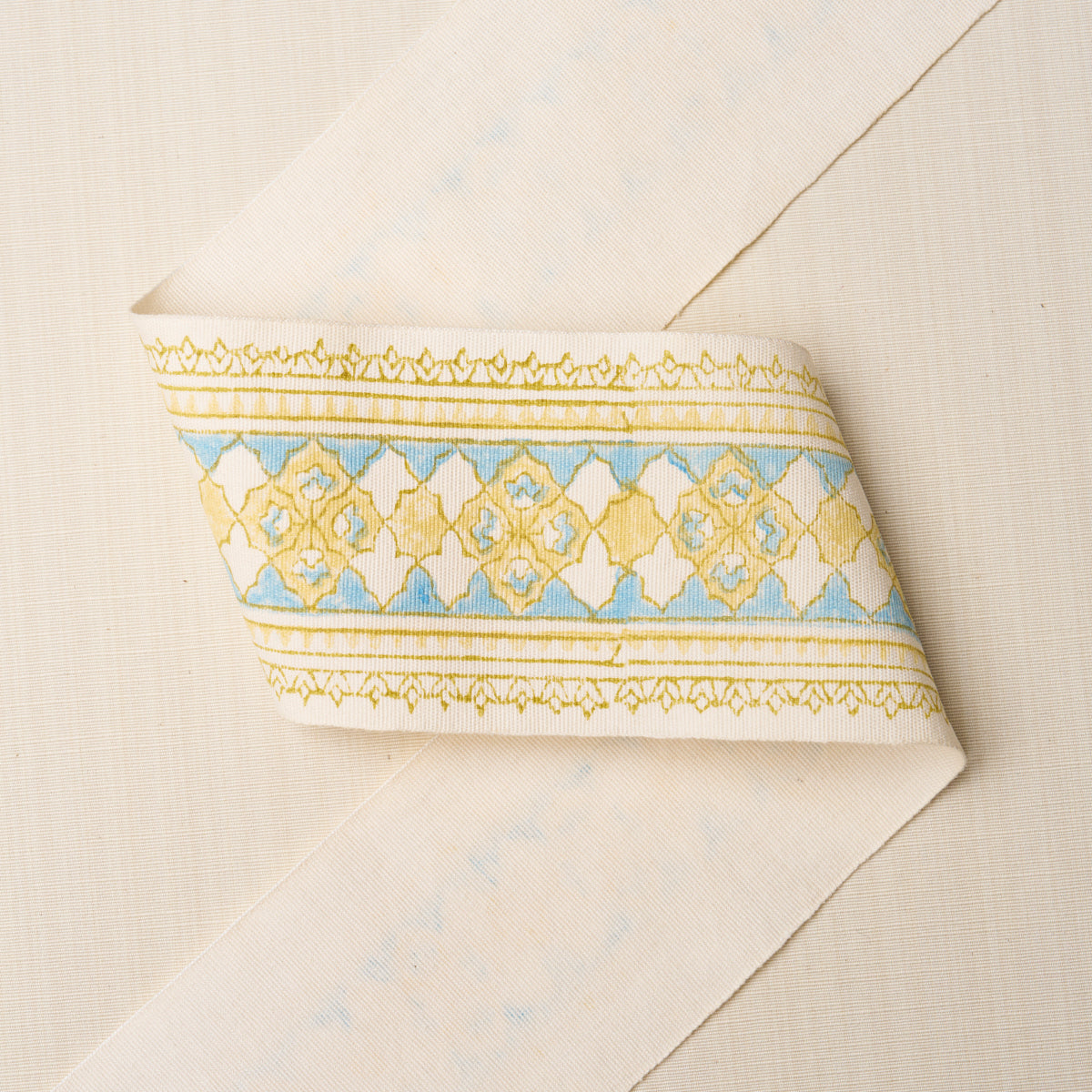 Schumacher Amira Hand Block Printed Tape Yellow & Aqua Trim Sample 181370