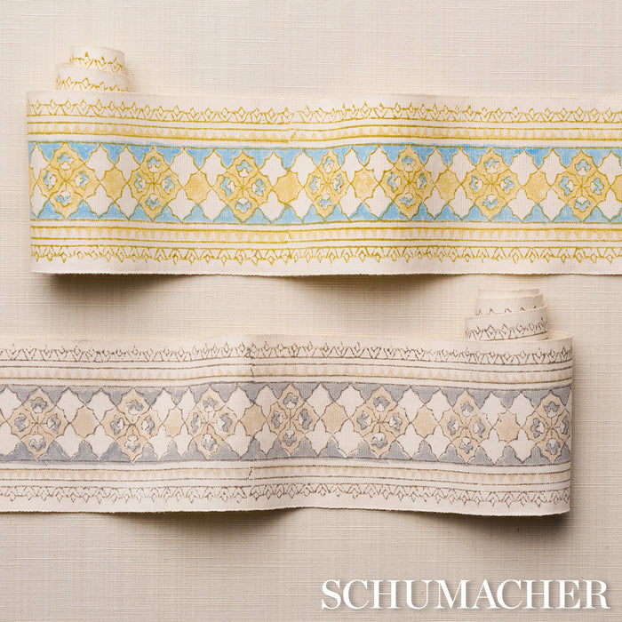 Schumacher Amira Hand Block Printed Tape Yellow & Aqua Trim 181370