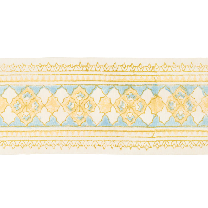 Schumacher Amira Hand Block Printed Tape Yellow & Aqua Trim 181370