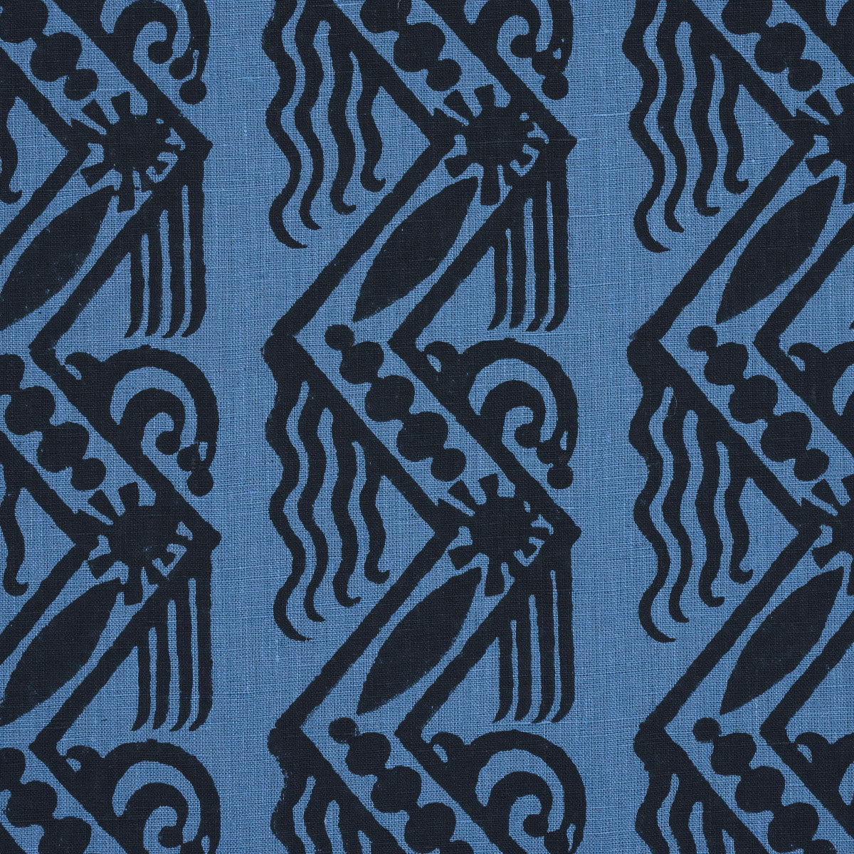 Schumacher Venetian Zig Zag Block Print Black On Blue Fabric 181561