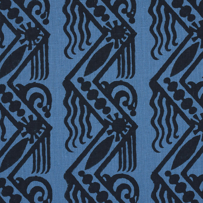 Schumacher Venetian Zig Zag Block Print Black On Blue Fabric Sample 181561