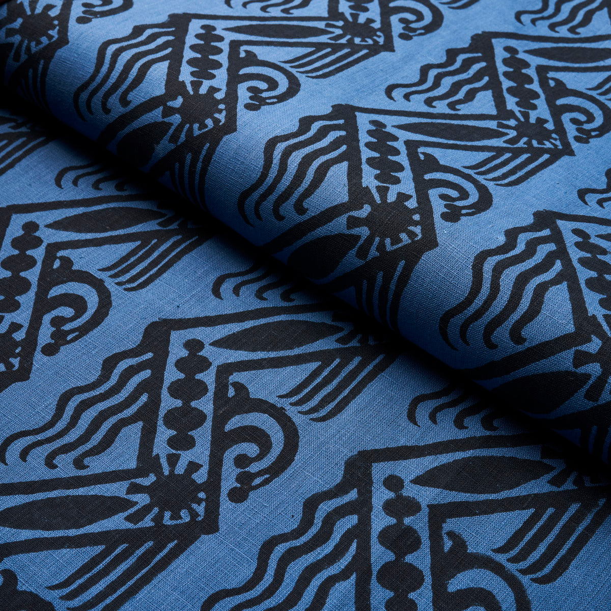 Schumacher Venetian Zig Zag Block Print Black On Blue Fabric 181561