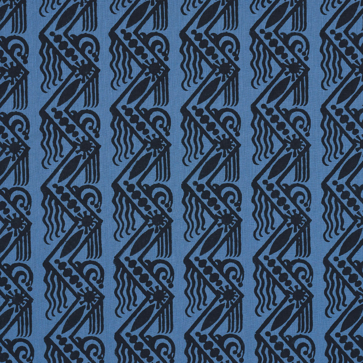 Schumacher Venetian Zig Zag Block Print Black On Blue Fabric Sample 181561