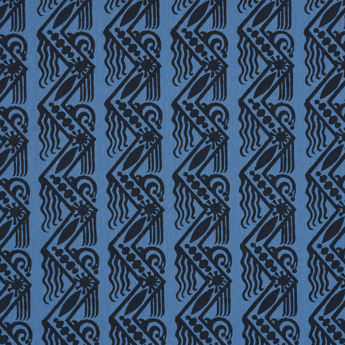 Schumacher Venetian Zig Zag Block Print Black On Blue Fabric Sample 181561