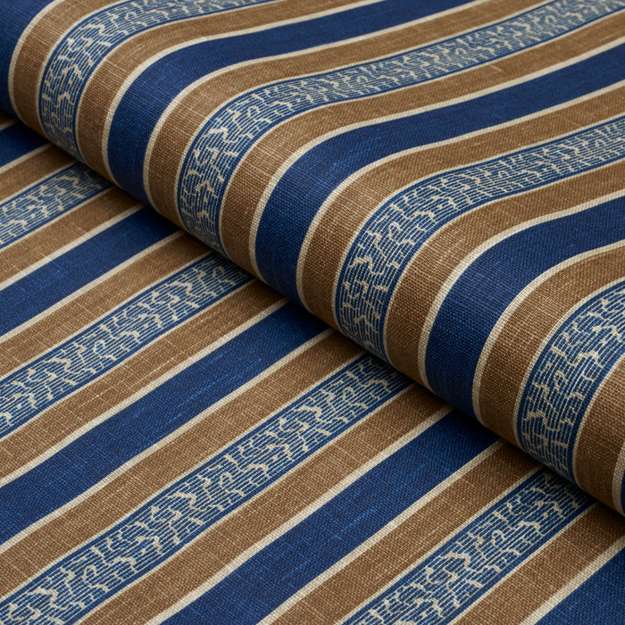 Schumacher Auguste Stripe Marine & Cognac Fabric 181710