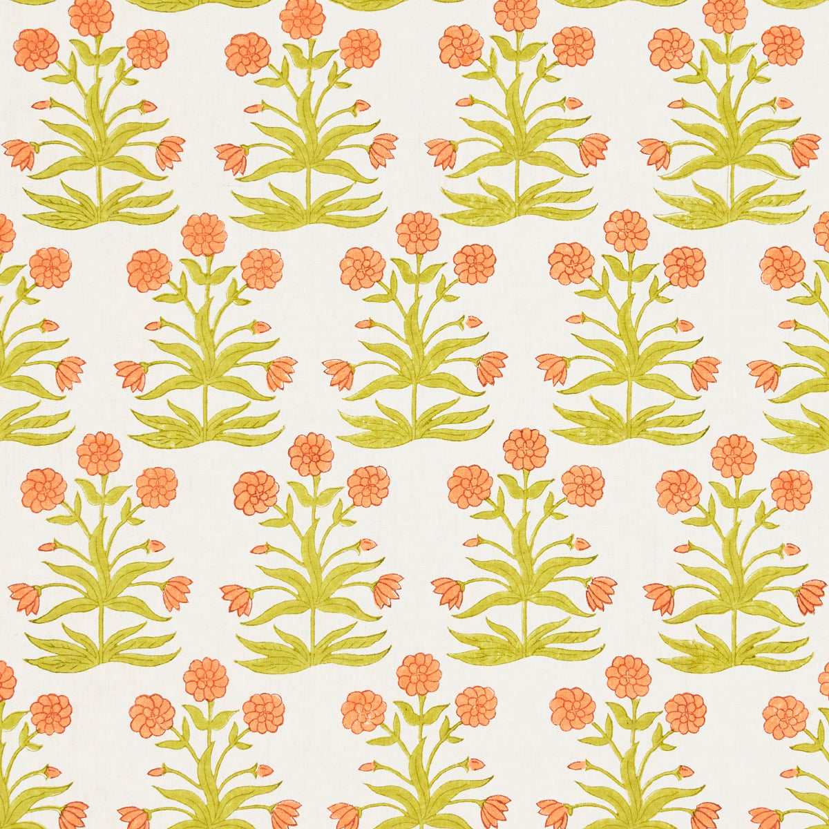 Schumacher Mughal Hand Block Print Peach Sap Green Fabric 181783