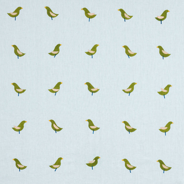 Schumacher Birds Hand Block Print Green On Sky Fabric 182381