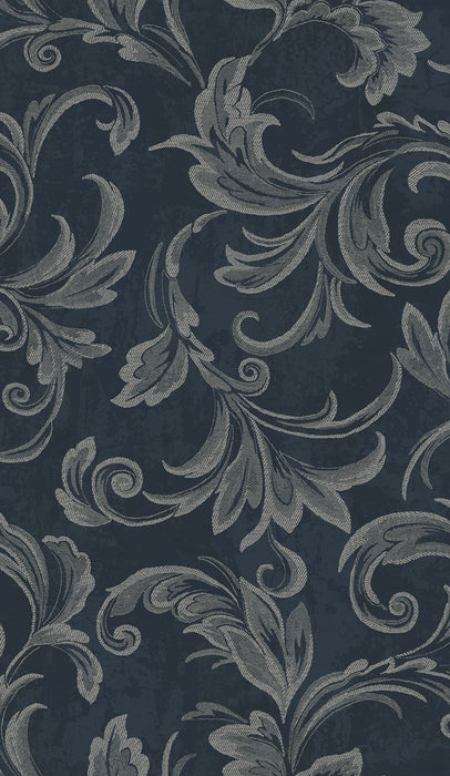 Seabrook Designs Scroll Navy, Silver, And Gray Wallpaper Sample 2010102