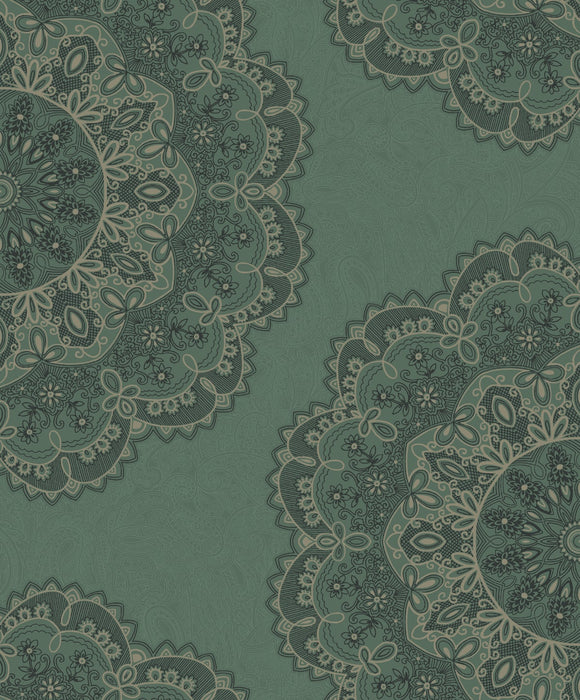 Seabrook Designs Lace Medallion Sea Green, Beige, And Ebony Wallpaper Sample 2010904