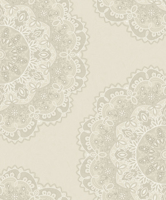 Seabrook Designs Lace Medallion Cream, Silver, And White Wallpaper 2010905