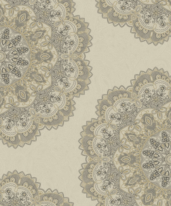 Seabrook Designs Lace Medallion Gold And Charcoal Wallpaper Sample 2010906