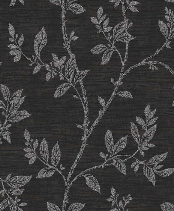 Seabrook Designs Leaf Trail Metallic Ebony & Glass Beads Wallpaper Sample 2231110