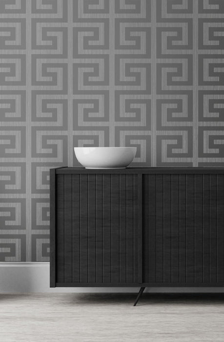 Seabrook Designs Greek Key Metallic Silver & Earl Gray Wallpaper Sample 2232002