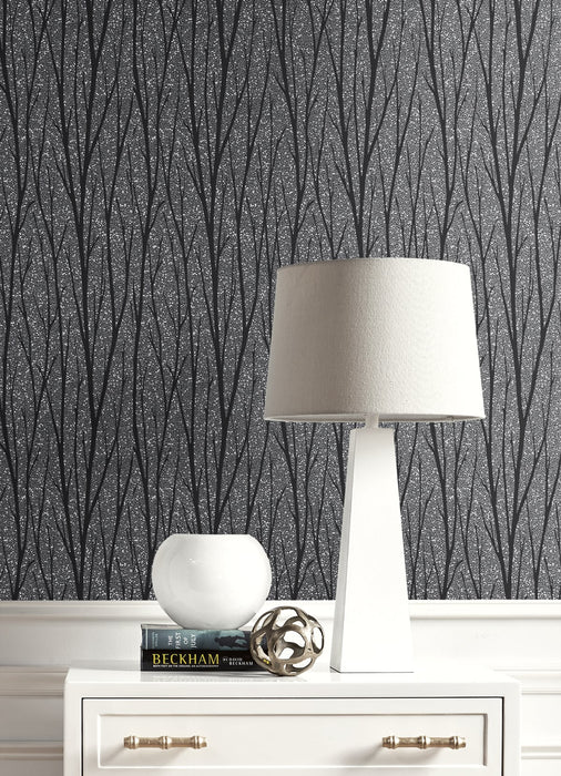 Seabrook Designs Birch Trail Black Satin & Silver Glitter Wallpaper Sample 2232102