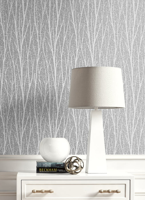 Seabrook Designs Birch Trail Metallic Silver & Charcoal Wallpaper Sample 2232117