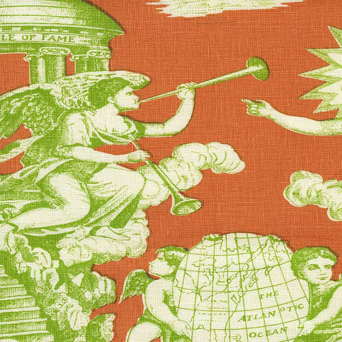 Quadrille Independence Toile Green Orange Fabric Sample 302286F-CU