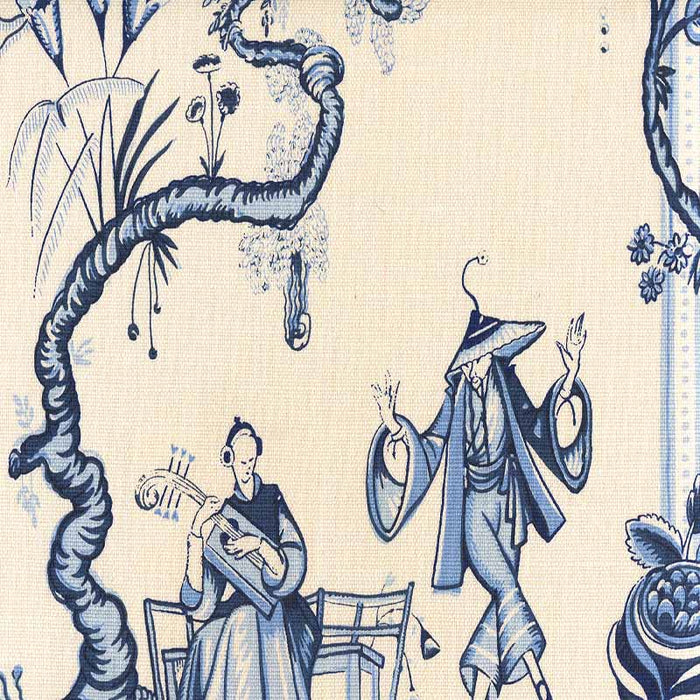 Quadrille Danse Chinois Navy French Light Blue Fabric Sample 306154F