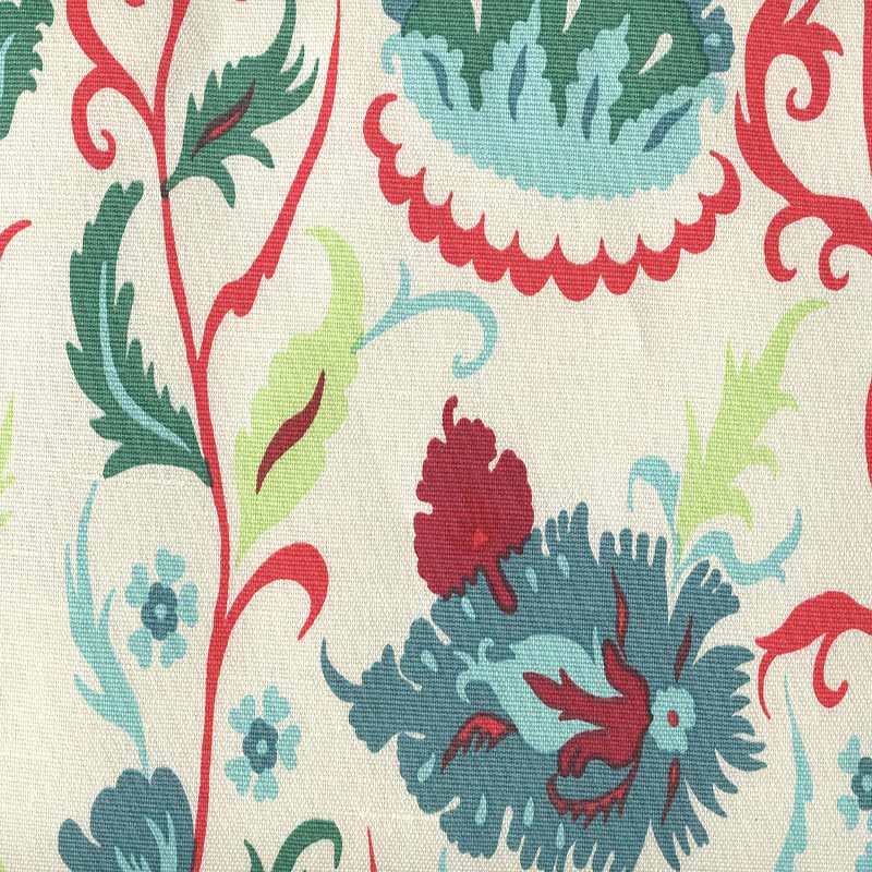 Quadrille Uzbek Small Scale Multi Red Teal Blues Fabric 306225F