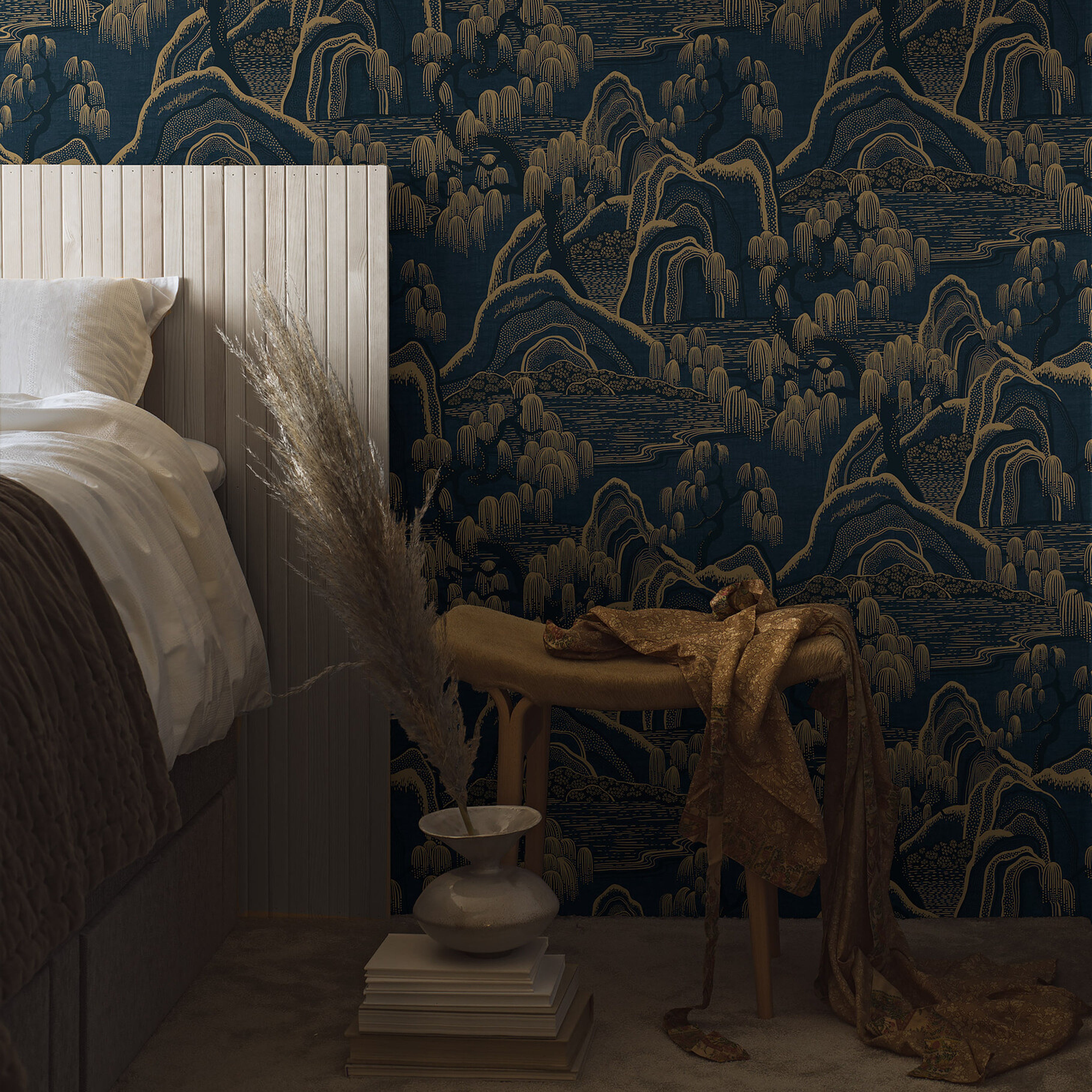 Schumacher Indigo Garden Indigo And Gold Wallpaper 3132